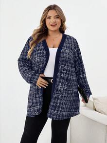 SHEIN CURVE+ Áo khoác vải tuýt giả thanh lịch cỡ lớn có túi, trang phục mùa thu cho nữ mùa đông/thu/đông - Màu xanh hải quân - Xem 7