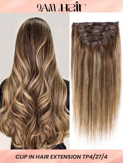 Human Hair Clip In Hair Extensions, Balayage Chocolate Brown Mixed Caramel Blonde 120g Hair Extensions Real Human Hair Straight Remy Hair Dark Roots Ombre 18-24 Inch 7pcs