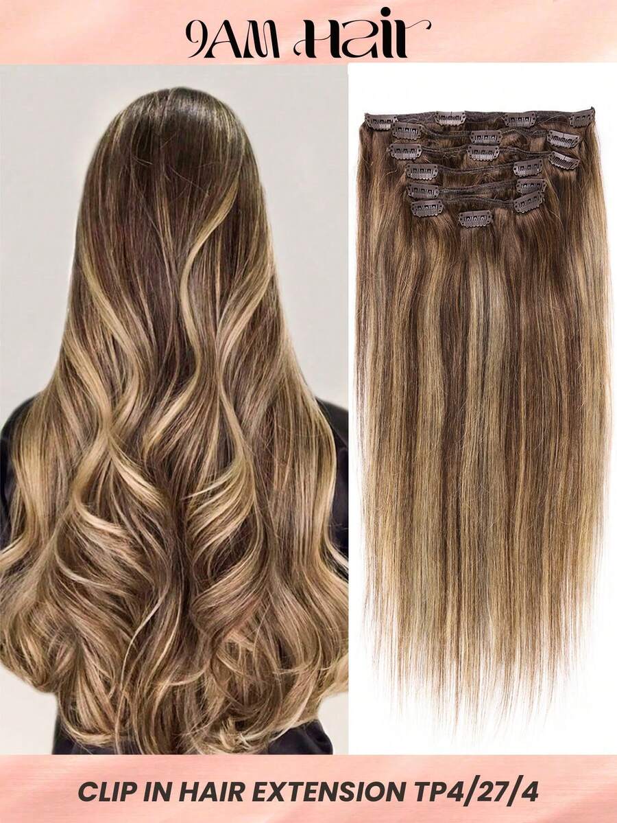 Human Hair Clip In Hair Extensions, Balayage Chocolate Brown Mixed Caramel Blonde 120g Hair Extensions Real Human Hair Straight Remy Hair Dark Roots Ombre 18-24 Inch 7pcs - S4/27/4 - View 1