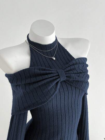 Elamini 1件女士炭灰色个性化精致露肩系带蝴蝶结设计不对称下摆弹力针织休闲毛衣，秋冬款