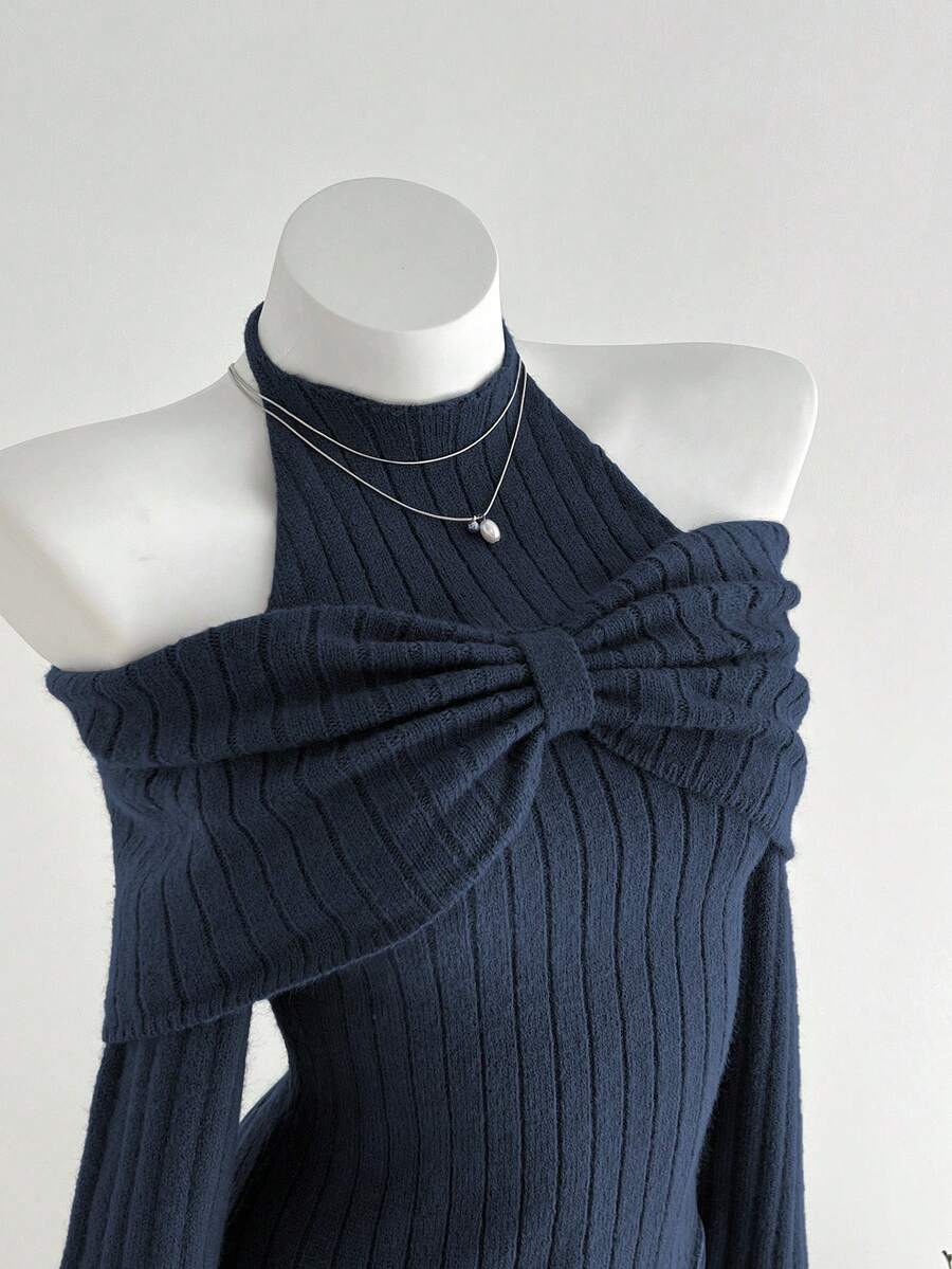 Elamini 1件女士炭灰色个性化精致露肩系带蝴蝶结设计不对称下摆弹力针织休闲毛衣，秋冬款 - 藏蓝色 - 查看 1