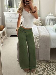 CovetEZ Women's Army Green High Waist Button Design Wide Leg Knit Pants,Casual Lounge Wide Leg Sweatpants,Autumn Winter Bell Bottom Flared Comfy Pants - Army Green - View 3