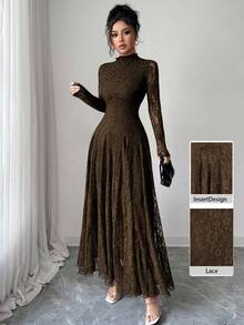 Modelyn A Luxurious And Elegant Lace Dress, Featuring A Delicate High Collar And A Meticulously Designed Cinched Waist. This Dress Is Charming And Has An Excellent Slimming Effect, Making It The Ideal Choice - Brown - View 1