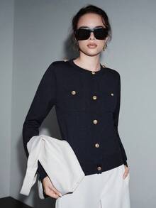 SHEIN Luminelle Áo len cardigan dệt kim trang trí khóa kim loại thời trang mới cho nữ - Màu xanh hải quân - Xem 1