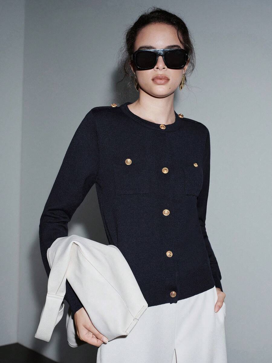 SHEIN Luminelle Áo len cardigan dệt kim trang trí khóa kim loại thời trang mới cho nữ - Màu xanh hải quân - Xem 1