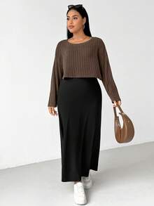 Shapeblank Plus-Size Women's Apple-Shaped Body/Fashion Casual Loose Comfortable Everyday Basic Versatile Brown Long-Sleeved Top And Black Vest Long Dress Two Pieces Set Outfits,Simple Style,Cozy And Clothes For Women Spring