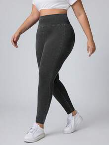 SHEIN Essnce Plus Size Women High Waisted Skinny Stretchy Knit Casual Versatile Denim Jeans - Grey - View 5
