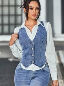 SHEIN Tall Veste en jean décontractée à col en V et simple boutonnage pour femmes, automne - Bleu azur - Voir 4