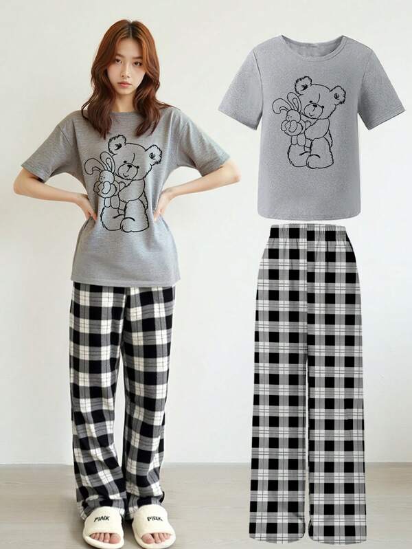 SHEIN 2pcs Girls/Teens Plain White Round Neck Short Sleeve Top & Pants Casual Comfortable Loungewear Set