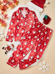 男童2件套圣诞老人太阳镜印花柔软缎面翻领开衫和裤子睡衣套装 - 彩色 - 查看 3