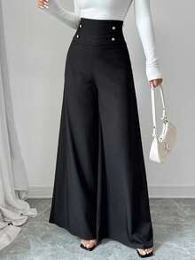Firerie 大码女装夏季优雅服装秋装简约时尚通勤商务优雅超高腰阔腿裤女装正装裤黑色裤子 - 黑色 - 查看 3