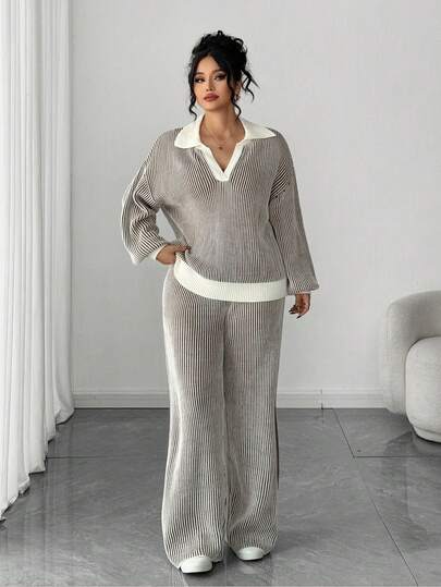 Elenzga Plus Size Knitted Contrast Color Collar Long Sleeve Top And Pants Set, Casual And Comfortable