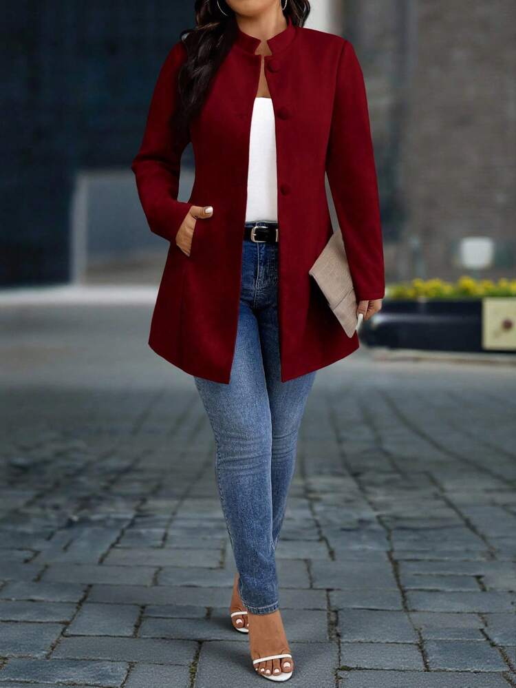 SHEIN PETITE CURVE 大码女式优雅立领带口袋大衣 - 酒紅色 - 查看 7