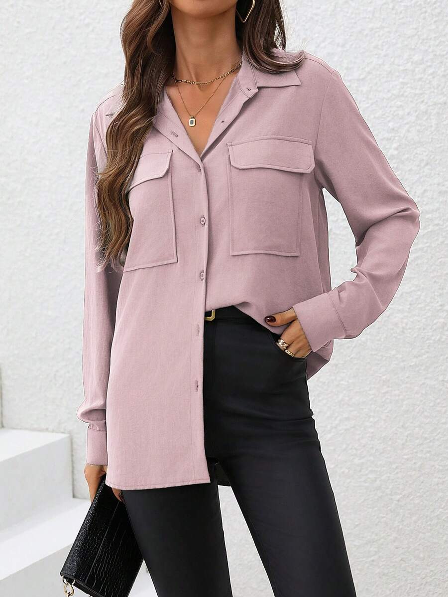 LanaWest Women's Solid Color Single-Breasted Cargo Pocket Casual Long Sleeve Shirt