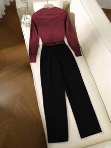 SHEIN LUNE 2 piezas Conjunto de top acanalado y pantalones de unicolor de alta calidad y estilo casual para mujer, primavera/otoño - Multicolor - Ver 2