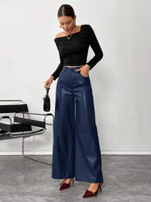 Siren Gaze Damen Lederhose mit Knopfverschluss, minimalistisch, Lässig, für den täglichen Gebrauch, Damenbekleidung Unterteil - marineblau - Übersicht 3