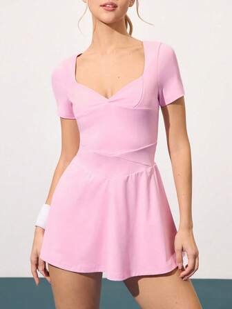 CourtClass Women's Solid Color Sweetheart Neck Casual Short Sleeve Sports Dress
