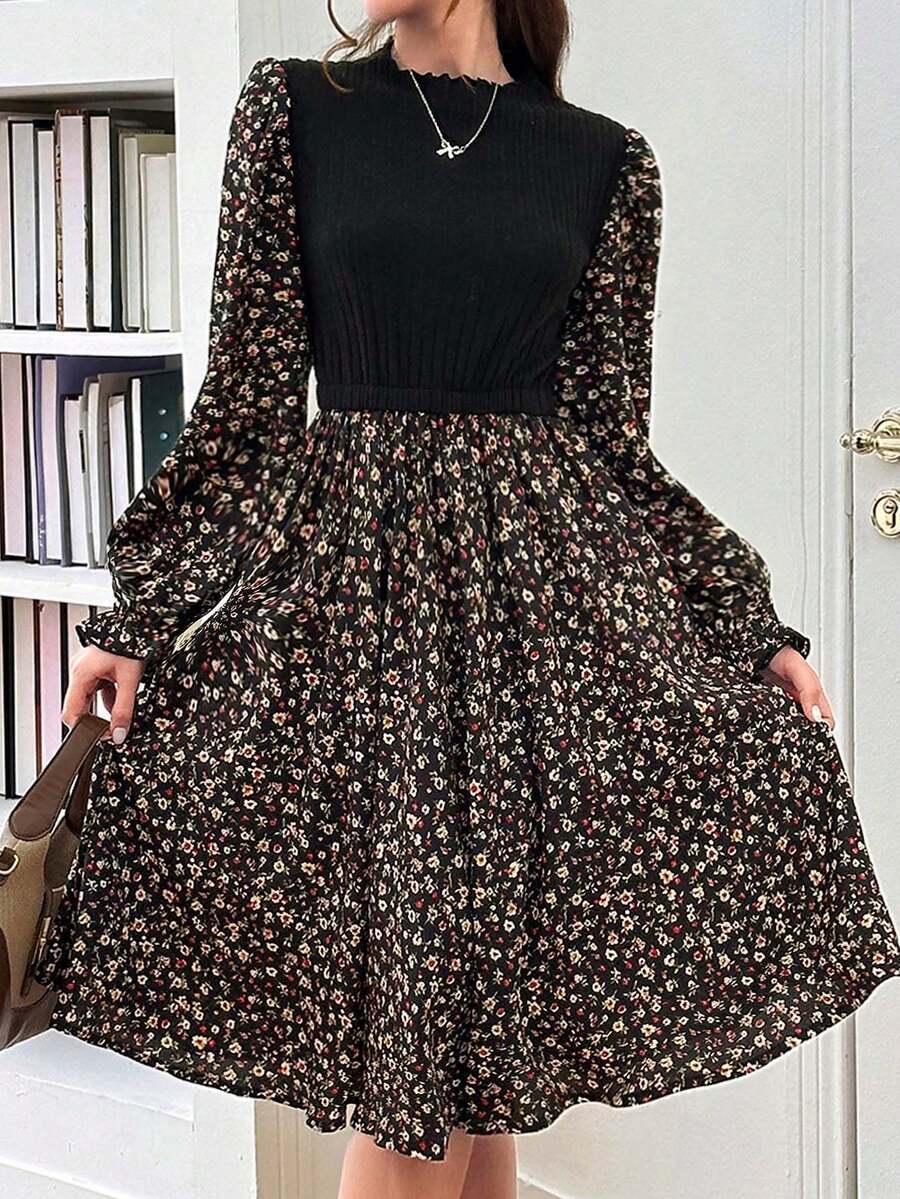 SHEIN 少女拼布碎花长袖休闲连衣裙 - 彩色 - 查看 1