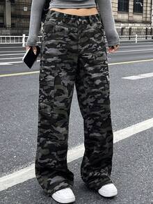 DAZY Quần Cargo họa tiết caro Mỹ cổ điển, dáng suông rộng rãi, nhiều túi, giặt phai màu, mặc thường ngày & đa năng dành cho nữ Quần Jeans Nữ - xanh quân đội - Xem 5