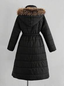 Sunspun Plus Size Women's Autumn/Winter Windproof Stand Collar Hooded Faux Fur Collar Long Sleeve Zip-Up Waist Cinched Mid-Length Casual Padded Coat With Side Pockets