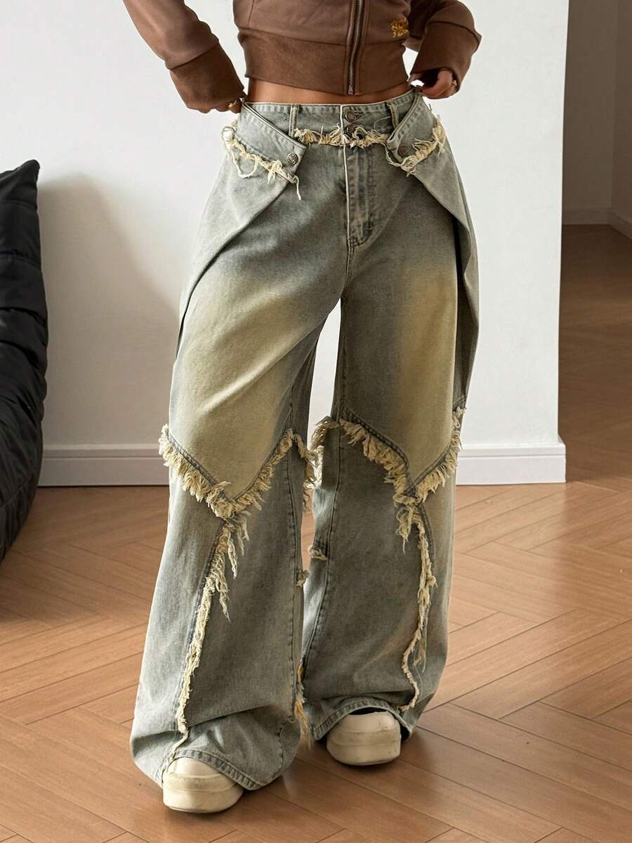 StreetHx 女士拼接毛边阔腿宽松休闲牛仔裤 - 藍色 - 查看 1