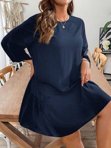 SHEIN Essnce Plus Size Women's Navy Blue Autumn Smart Casual Everyday Dress,Loose Comfortable Adjustable Sleeve Length Black Dresses,Church Outfits,Curve Cute - Navy Blue - View 5