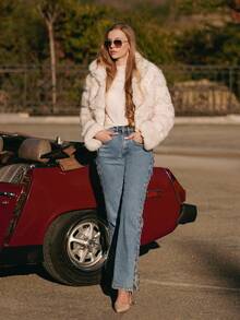 ORNATELLA Latest Fashion Fluffy Collar Elegant Short Jacket For Women - Apricot - View 3