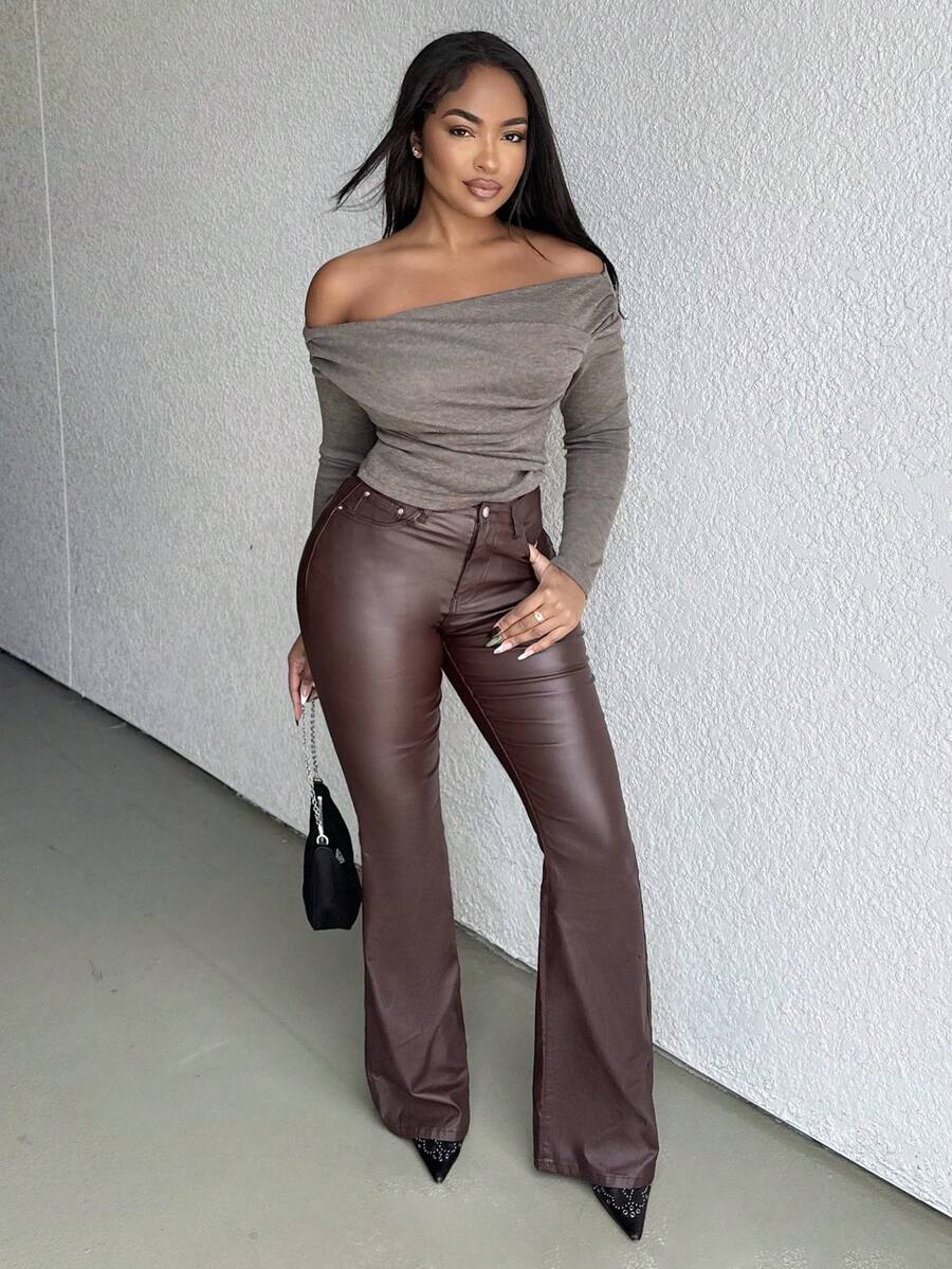 Alexandranx Women's Fashionable Casual Solid Color Slim Fit Flared Pants Fall Cloth For Women - Chocolate Brown - View 1