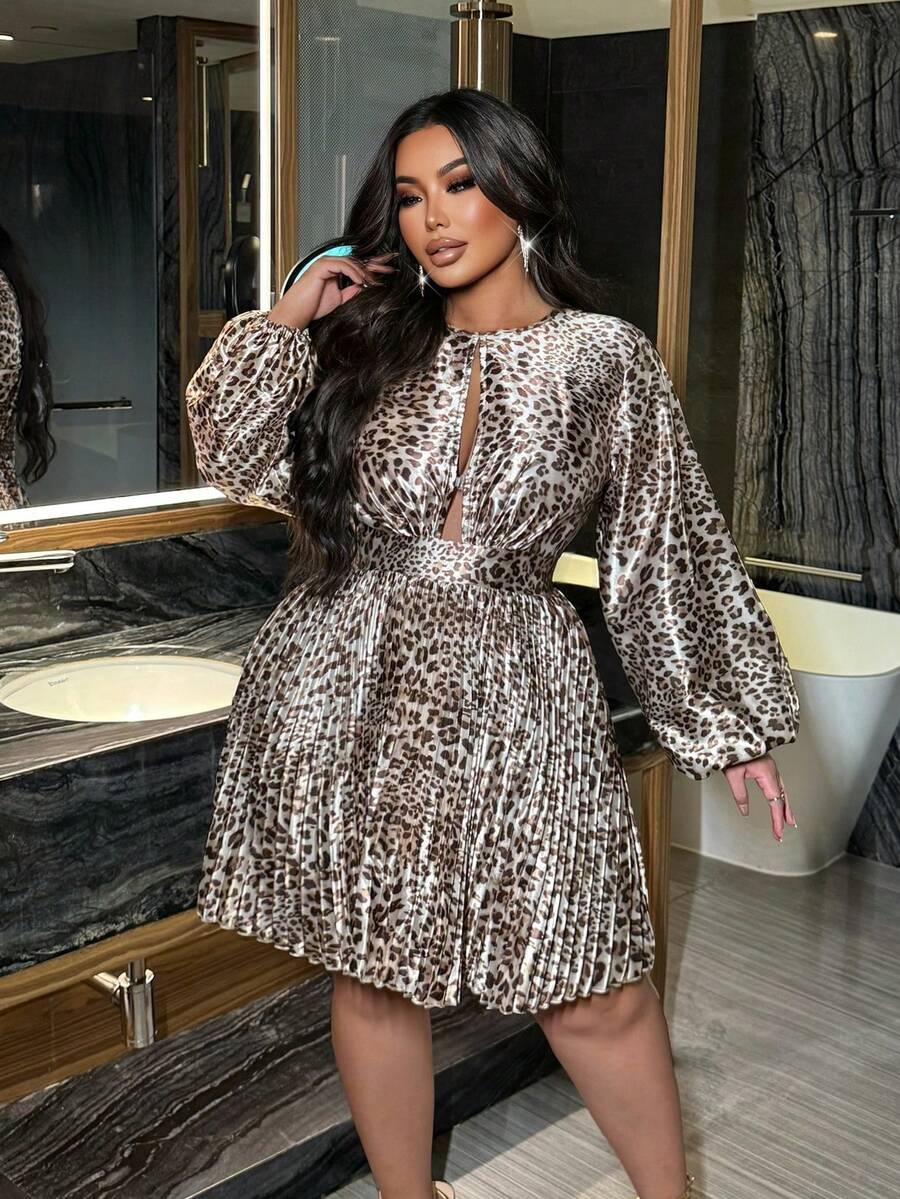 NU&NOW Plus Size Women's Sexy Party Vintage, Elegant Color Leopard Pleated Dress - Multicolor - View 1