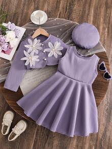 SHEIN فستان قصير بدون أكمام مع جاكيت قصير مزين بأزرار 3D على شكل زهرة، أنيق وأنثوي وجذاب للفتيات الصغيرات - ارجواني فاتح - مشاهدة 4