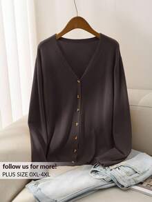 CosyJoli Plus Size Women Casual Solid Color All-Match Cardigan Brown Blouses For Women Coffee Brown Top Dark Brown Top/Winter