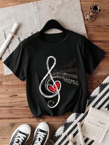 INAWLY Áo phông cổ tròn in hình trái tim, nghệ thuật nhạc cụ và lễ hội âm nhạc dành cho nữ - màu đen - Xem 5