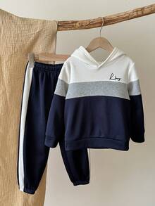 LMoss Kids LMoss 2pcs/Set Young Boy Contrast Color Hooded Sweatshirt And Jogger Pants Set, Hoodies, Long Sleeve Tops, Cozy Fall & Winter Styles