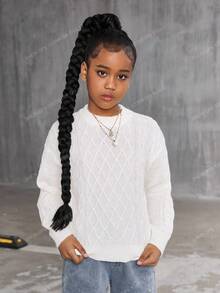 SHEIN Sweater Rajut Longgar Kasual Lengan Panjang Kerah Bulat Motif Geometris untuk Anak Perempuan Remaja, Musim Gugur/Dingin - Putih - View 5
