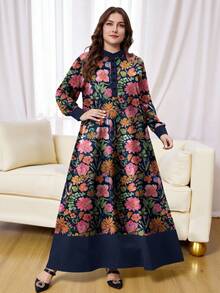 SHEIN Najma 大码女式花卉植物印花纽扣领长袖连衣裙，春秋季时尚之选 - 彩色 - 查看 4
