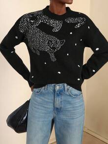 Lyxana Leopard Polka Dot Jacquard Knit Pullover Sweater, Loose Fit Round Neck Long Sleeve, Fashionable & Elegant Daily Wear For Women, Autumn/Winter - Multicolor - View 3