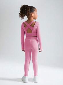 SHEIN Young Girls 2 Pieces Set With Long Sleeve Top With Criss-Cross Back Cutout Design And Skinny Pants, Suitable For Casual Everyday Wear, All Seasons, School, Campus, College - Hot Pink - View 5