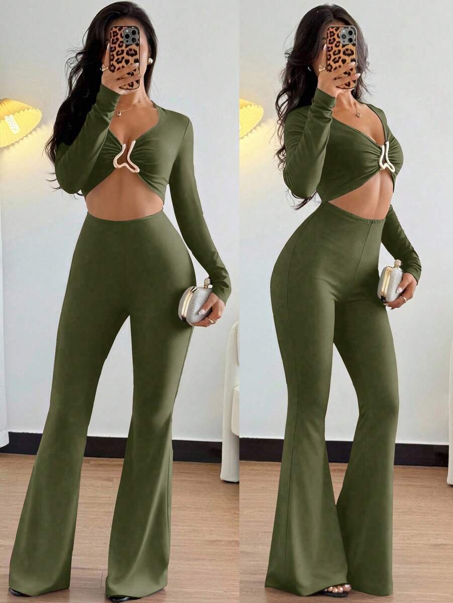 Islaluna European & American Style Casual Metal Decor Waist Cinched Long Sleeve Sexy Black High Stretch Jumpsuit For Women