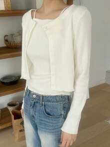 DAZY 2 Stücke Damen Rose Blumen Trägerhemd & Strickjacke Set, Herbst/Winter - Beige - Übersicht 12