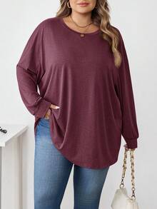 SHEIN CURVE+ Camiseta Casual Solta de Manga Longa com Decote Redondo e Ombros Caídos, Cor Sólida, Plus Size Feminino, Outono/Inverno - Vinho - Visão 3