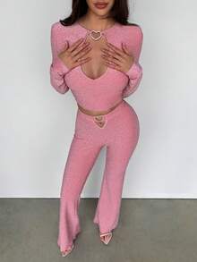 Sweetina 2 pezzi/Set Tunica a T-shirt lunga con cuore traforato metallizzato per donna - Rosa - Visualizzare 1