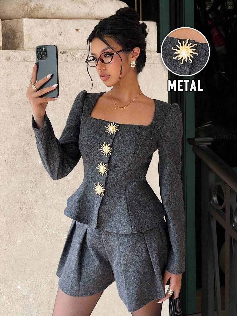 Siren Gaze Women's Elegant Gray Office Two Piece Set,Solid Color Commute & Casual Button Decor Blazer And Shorts Set,Tweed Summer Suit Shorts,Autumn & Winter - Grey - View 1
