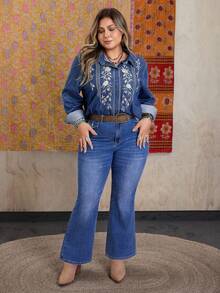 EMERY ROSE Plus Size Women Casual Embroidered Denim Blouse - Medium Wash - View 4