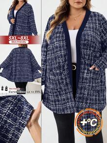 SHEIN CURVE+ Áo khoác vải tuýt giả thanh lịch cỡ lớn có túi, trang phục mùa thu cho nữ mùa đông/thu/đông - Màu xanh hải quân - Xem 1