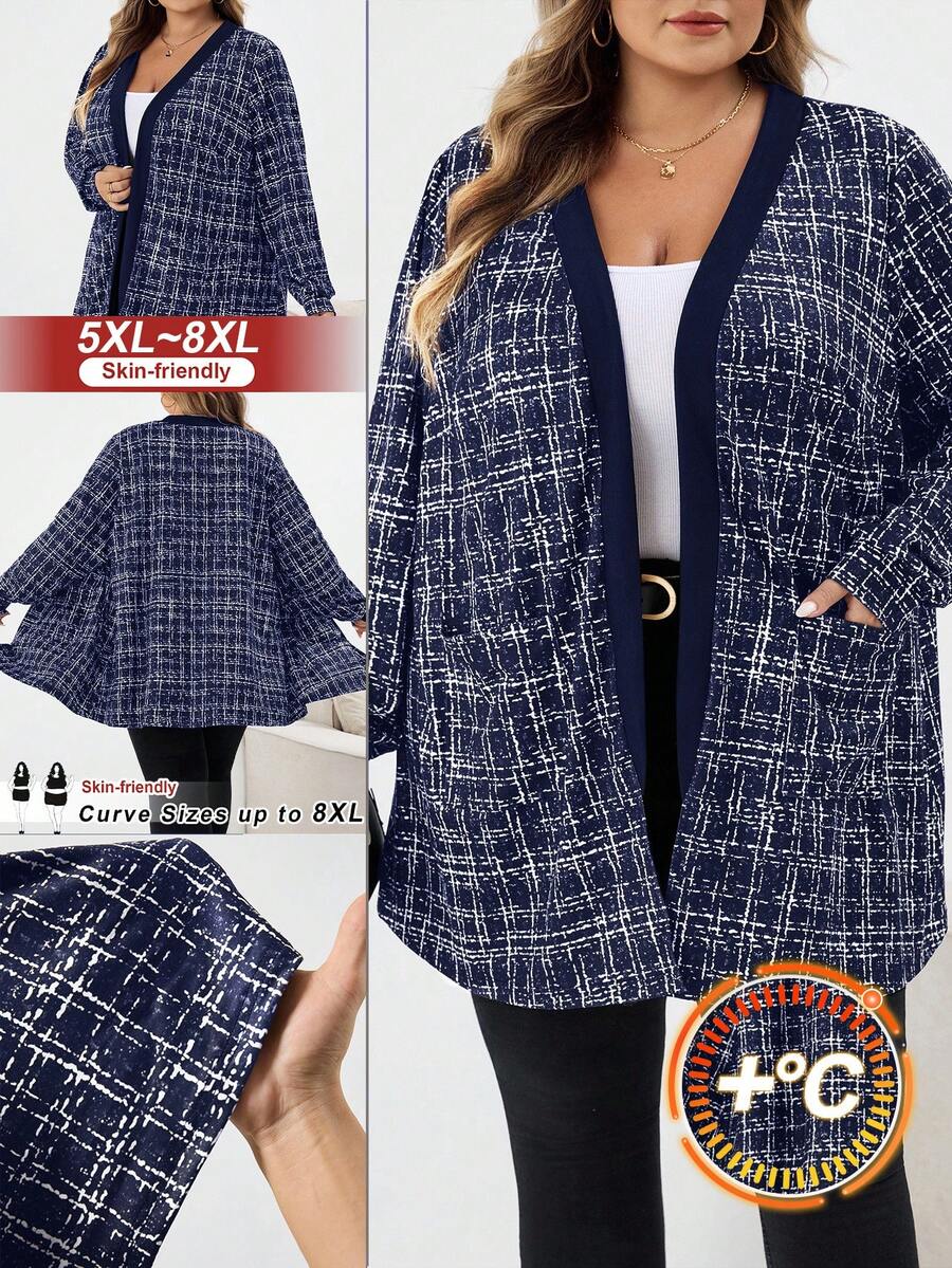 SHEIN CURVE+ Áo khoác vải tuýt giả thanh lịch cỡ lớn có túi, trang phục mùa thu cho nữ mùa đông/thu/đông - Màu xanh hải quân - Xem 1