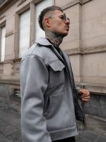 Artur Kramer 男士翻盖口袋拉链绒面革夹克，适合秋冬 - 淺灰色 - 查看 4