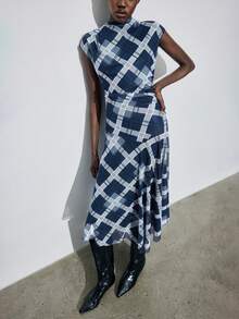 Maija 2025 Autumn/Winter Plaid Print Round Neck Dolman Sleeve Maxi Dress For Women, Modern Elegant Urban Romantic Dignified Minimalist Vintage Style, Suitable For Wedding Guest, Birthday, Halloween, Business Casual, Date, Party, New Year, Christmas Elegant Dresses For Party Winter Dresses For Women Christmas Women's Clothing Women Plaid Dress Plaid Dress Women Blue Plaid Dress Stretchy Dress For Women Stretchy Dresses Stylish Clothing Collection New Year Dress Women Plaid Midi Dress - Navy Blue - View 3