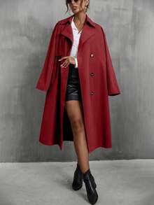 SHEIN Clasi Women's Solid Color Lapel NeckLong Sleeve Casual Long Trench Coat, Autumn - Burgundy - View 5