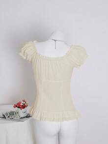 SHEIN Unity 女式夏季纯色荷叶边下摆系带腰短袖衬衫 - 杏色 - 查看 2