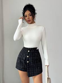 SHEIN Elenzya Elegant Tweed Asymmetrical Button Decor Women Shorts - Black - View 5
